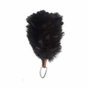 May include: A black feather duster with a wooden handle and a metal ring for hanging. The duster's feathers are dense and dark, providing a soft cleaning surface. The handle is a light brown color.