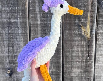 Mini Floppy Heron Amigurumi Crocheted Plushie In White and Purple
