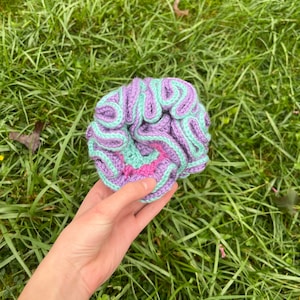 May include: A crocheted brain-shaped object in purple and light green with a pink stripe. The object is being held in a hand.