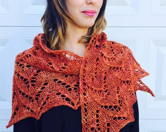 burnt orange autumn shawl, hand knit, merino, alpaca, silk