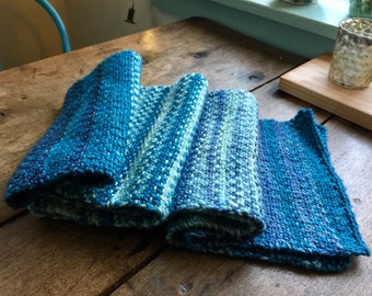 all the blues scarf, handknit, hand dyed merino wool, teal, navy