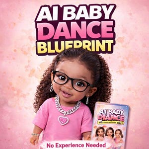 Puede incluir: Ilustración de una niña pequeña con gafas, una camiseta rosa y joyas, sosteniendo un libro titulado "AI BABY DANCE". El texto "AI BABY DANCE BLUEPRINT" se muestra encima de la niña. La frase "No Experience Needed" está en la parte inferior.