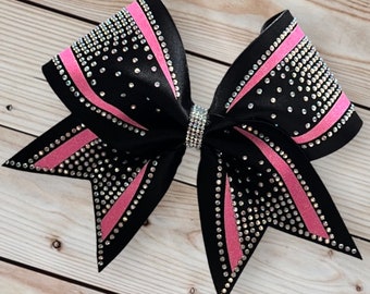 Custom Cheerleader Black Fabric Neon Pink Glitter AB Rhinestone Bling Cheer Hair Bow