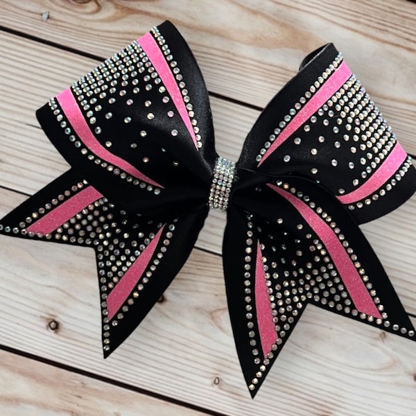 Custom Cheerleader Black Fabric Neon Pink Glitter AB Rhinestone Bling Cheer Hair Bow