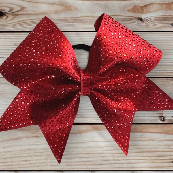 Custom Cheerleader Red Fabric Ribbon Red Rhinestone Cheer Hair Bow