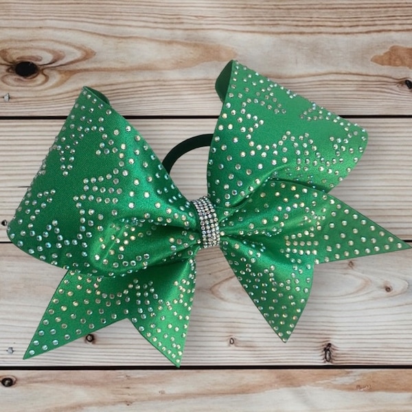 St Patricks Day Custom Cheerleader Green Fabric Heart AB Rhinestone Bling Cheer Hair Bow Kelly Lucky Clover Shamrocks