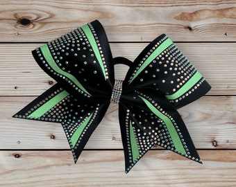 Custom Cheerleader Black Fabric Neon Green Glitter AB Rhinestone Bling Cheer Hair Bow