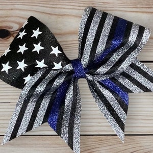 Custom Cheerleader Thin Blue Line Flag Glitter Back The Blue Law Enforcement Cheer Hair Bow