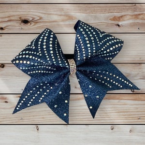 Custom Cheerleader Navy Glitter AB Rhinestone Bling Cheer Hair Bow Blue