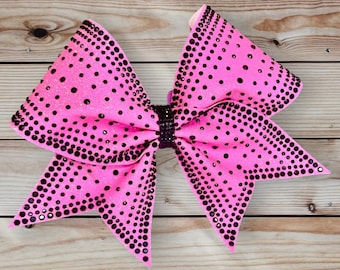 Custom Cheerleader Neon Pink Glitter Black Rhinestone Bling Cheer Hair Bow