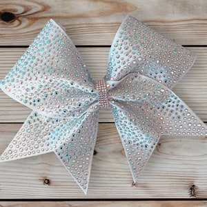 Custom Cheerleader White Fabric Ribbon AB Rhinestone Cheer Hair Bow