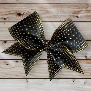 Custom Cheerleader Black Fabric Ribbon Gold Rhinestone Cheer Hair Bow