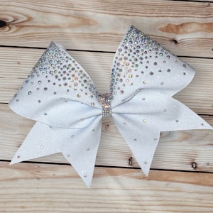 Custom Cheerleader White Glitter AB Rhinestone Bling Cheer Hair Bow