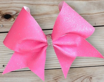 Custom Cheerleader Neon Pink Glitter AB Rhinestone Bling Cheer Hair Bow