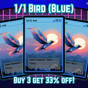 Jeton oiseau 1/1 (bleu, volant) - Pixel art rétro 8 bits - Pour 3 achats, 33% de réduction - Illustrations complètes personnalisées - Jetons pour vos decks préférés