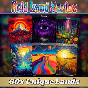 Série Acid Lands - Méga lot de 60 cartes de terrain basiques psychédéliques - Des proxies magiques personnalisés uniques avec une illustration complète - Des terrains de haute qualité pour tous les formats !