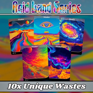 Serie Acid Lands - Psychedelic Wastes conjunto de 10 - Proxies mágicos personalizados con arte completo únicos - ¡Tierras básicas de alta calidad para todos los formatos!