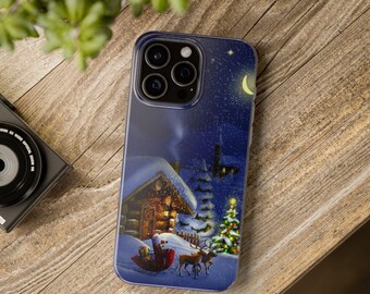 Funda flexible con diseño de casa navideña, funda festiva para teléfono, accesorio festivo para teléfono, protector para teléfono con diseño navideño, funda para teléfono con diseño de cabaña de invierno