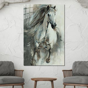 Elegant White Stallion Tempered Glass Wall Art, Hand-Painted Horse Portrait on Glass, Decorative Wall Panels, Wall Hanging