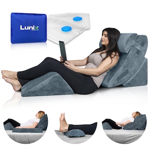 May include: A gray wedge pillow set with a headrest, leg rest, and a small pillow. The set includes a blue bag with the word "Lunix" in white. The image shows a person using the pillows while holding a tablet.