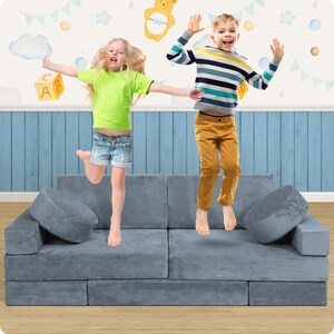Lunix LX15 Modular Kids Play Couch (14-Piece), Transformable Foam Sofa for Playroom, Forts & Lounging, Machine Washable Cover, Stone Gray