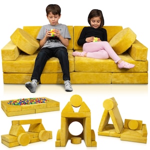 Lunix LX15 14pcs Modular Kids Play Couch Set – Mustard Yellow, CertiPUR-US Foam, Creative Building Sofa for Toddlers & Big Kids