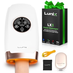 May include: A white and rose gold hand massager with a digital display, the brand name "Lunix" is visible. The massager is shown with a gift box, accessories, and the text "LX3 Hand Massager with Heat and Compression for Arthritis and Carpal Tunnel".