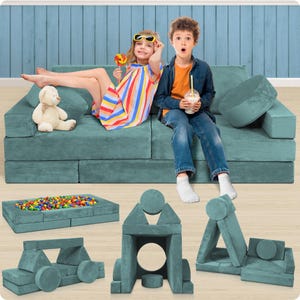 Lunix LX15 14pcs Modular Kids Play Couch, Foam Play Sofa, Build Forts, Loungers & Play Shapes, Toddler Playroom, Washable Cover, Sage Teal
