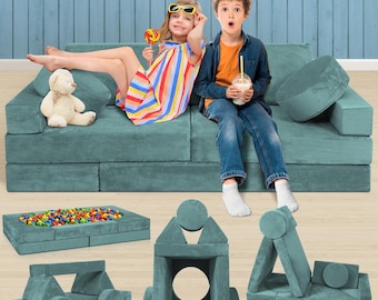 Lunix LX15 14pcs Modular Kids Play Couch, Foam Play Sofa, Build Forts, Loungers & Play Shapes, Toddler Playroom, Washable Cover, Sage Teal