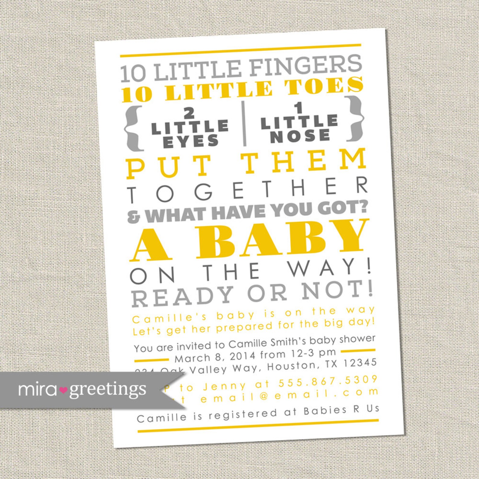 Gray and Yellow Baby Shower Invitation 10 Little Fingers, Gender Reveal