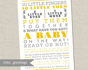 Gray and Yellow Baby Shower Invitation - 10 little fingers, gender reveal - neutral grey invite - poem subway (Printable DIY Digital File)