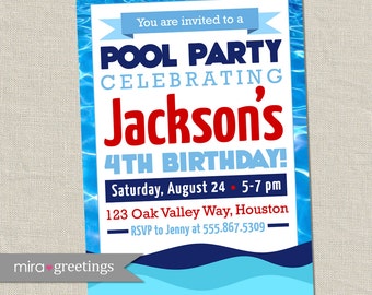 Pool Party Invitation -  Swimming Birthday Party Invite - Nautical Sailor Style (Printable Digital File)