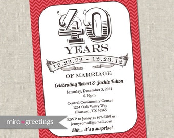40th Anniversary Invitation -  Ruby Red Vintage Anniversary Party Invite - Fortieth (Printable Digital File)