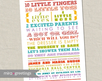 Rainbow Baby Shower Invitation - colorful words, gender neutral, gender reveal, coed - poem or subway art  shower (Printable Digital File)