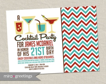 Cocktail Party Invitation - Retro Birthday Party Cocktails Chevron Print - drinking party (Printable Digital File)