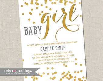 Gold metallic baby shower invitation - baby girl Invites - gold foil invitations -  (DIY Printable Digital File)