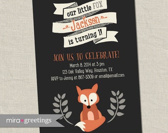 Fox Birthday Party Invitations - Little Woodland Birthday Party Invites - vintage first baby birthday (Printable Digital File)