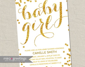 Gold metallic baby shower invitation - baby girl Invites - gold glitter invitations -  (DIY Printable Digital File)