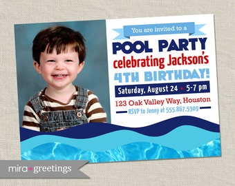 Pool Party Invitation -  Birthday Party Invite - Nautical Sailor Style (Printable Digital File OR Printed Cards - see Policies)