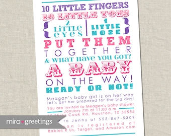 Pink and Purple Girl Baby Shower Invitation - subway art invitation, poem words, teal Invitations 10 little fingers (Printable Digital File)