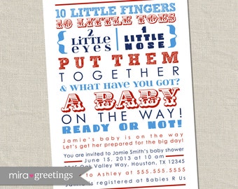 Blue and Red Baby Shower Invitation -  navy boy invite, nautical, 10 little fingers, subway art, poem (DIY Printable Digital File)