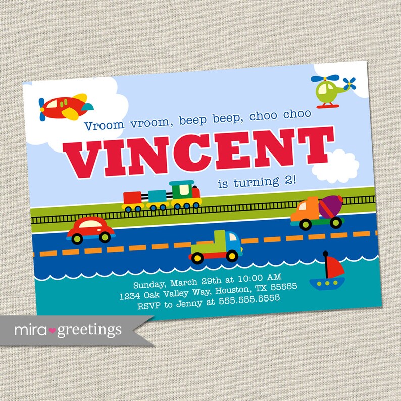 Transportation Birthday Party Invitation Train Invite Car Invitations ...