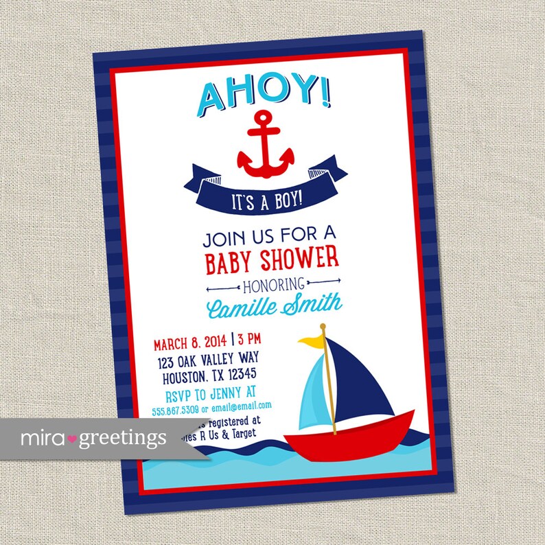 Ahoy It's a Boy Baby Shower Invitation Nautical Boy Shower Invite Ocean