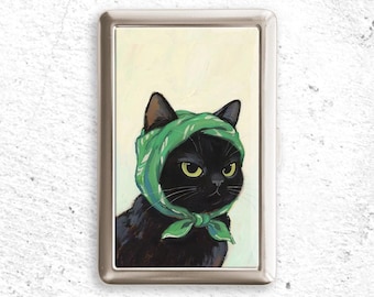 Zwarte kat met groene sjaal, sigarettenkoker, kaarthouder, zigeuner, metalen portemonnee