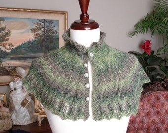 Lace Caplet, Knitted Lace Capelet, Button front Capelet, Tonal green and beige Cape