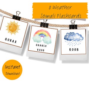 Cartes météo, somali, imprimables, images éducatives à l'aquarelle