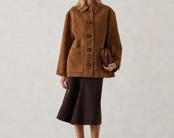 Women’s Natural Camel Brown Suede Leather Jacket, Oversized Button Coat, 2 large Pockets front buttons Vintage Fall Outerwear Gift for Her