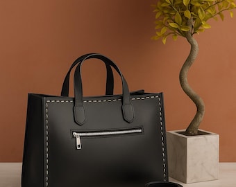 Minimalist Black Leather Shoulder Bag leather handbag, Handmade Black Leather Tote Bag – Minimalist Work tote bag