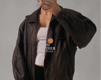 Handmade Brown Lambskin Leather Bomber Jacket, Oversized Fit