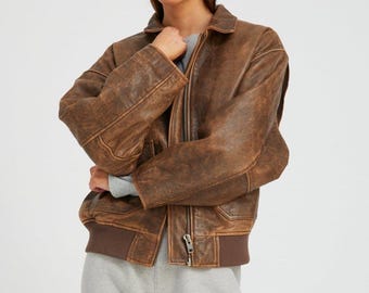 Handmade Distressed Brown Lambskin Leather Bomber Jacket: Oversized Aviator Style